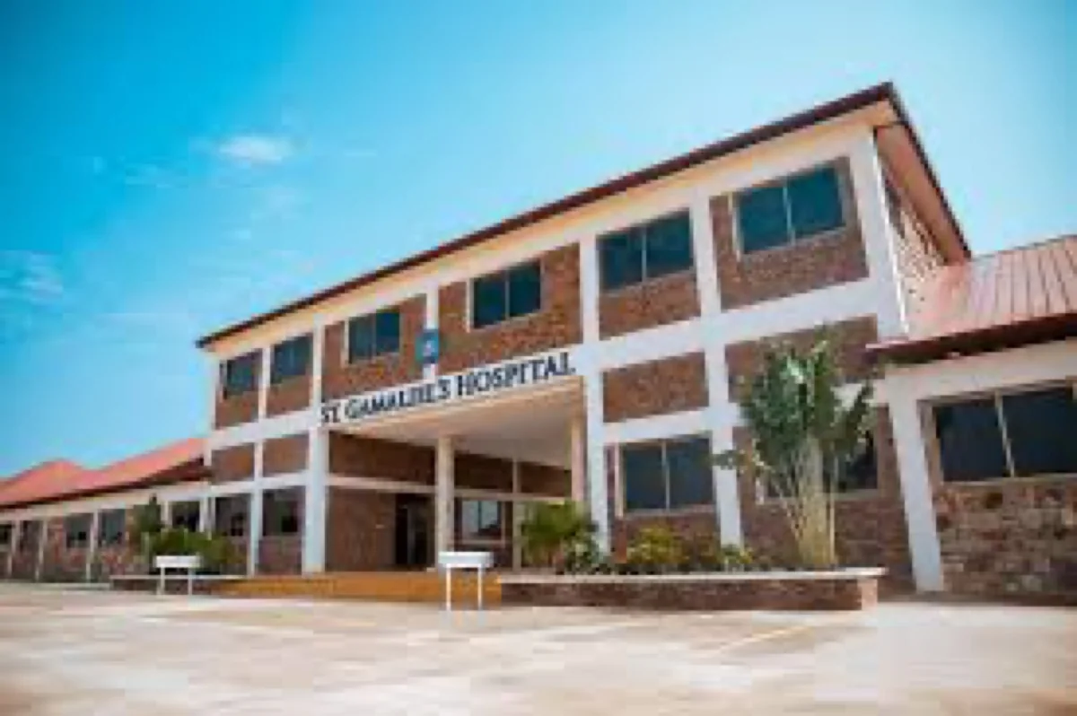 The front of St. Gamaliel’s Hospital with its name on the building